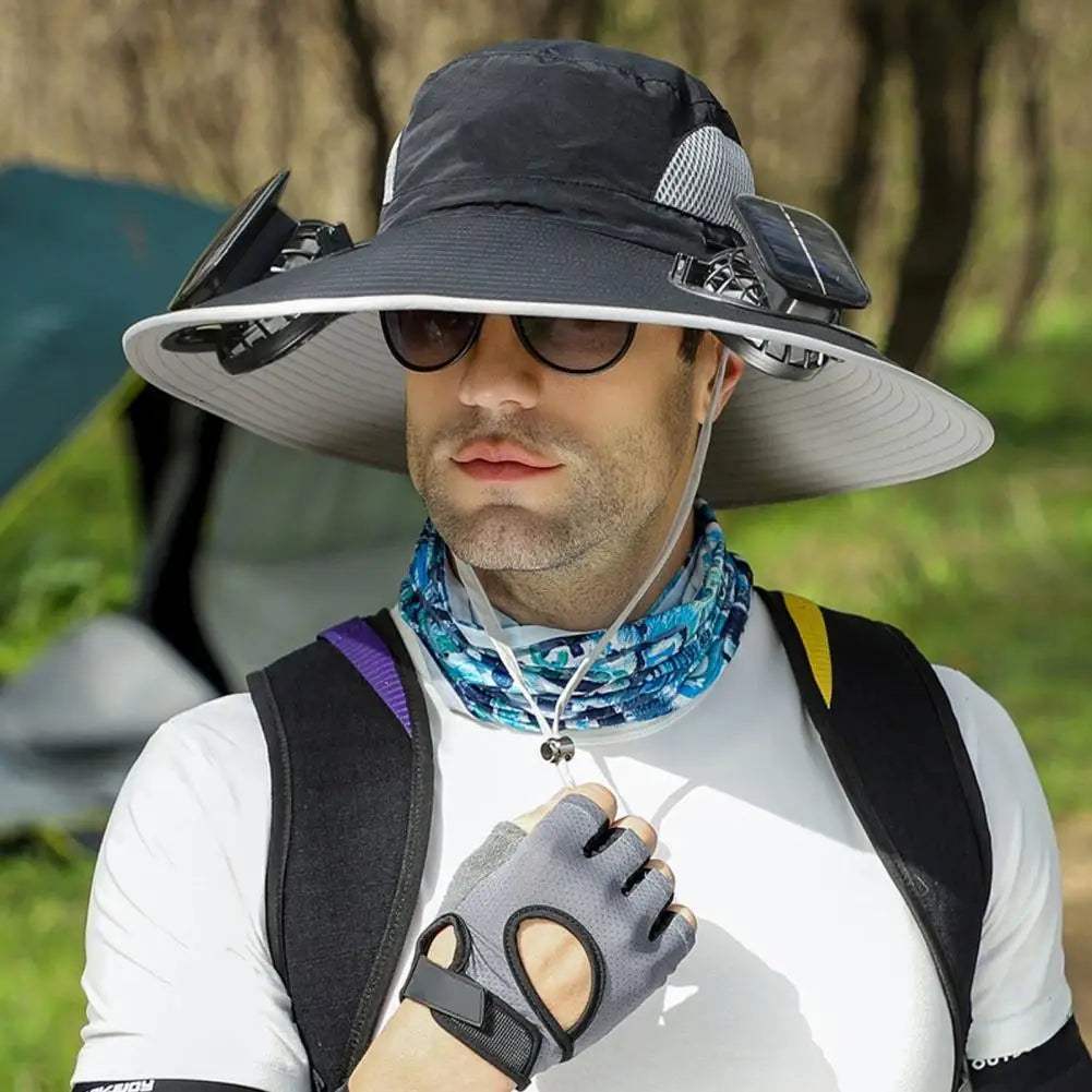 Outdoor Solar Fan Hat – Wide Brim Sun Hat with Dual Power Supply, Built-in USB/Solar Cooling Fans for Fishing, Hiking & Gardening - Hardonia