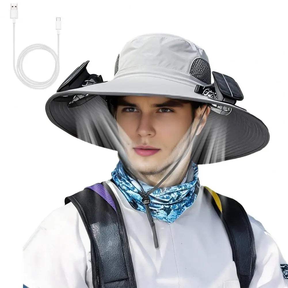 Outdoor Solar Fan Hat – Wide Brim Sun Hat with Dual Power Supply, Built-in USB/Solar Cooling Fans for Fishing, Hiking & Gardening - Hardonia