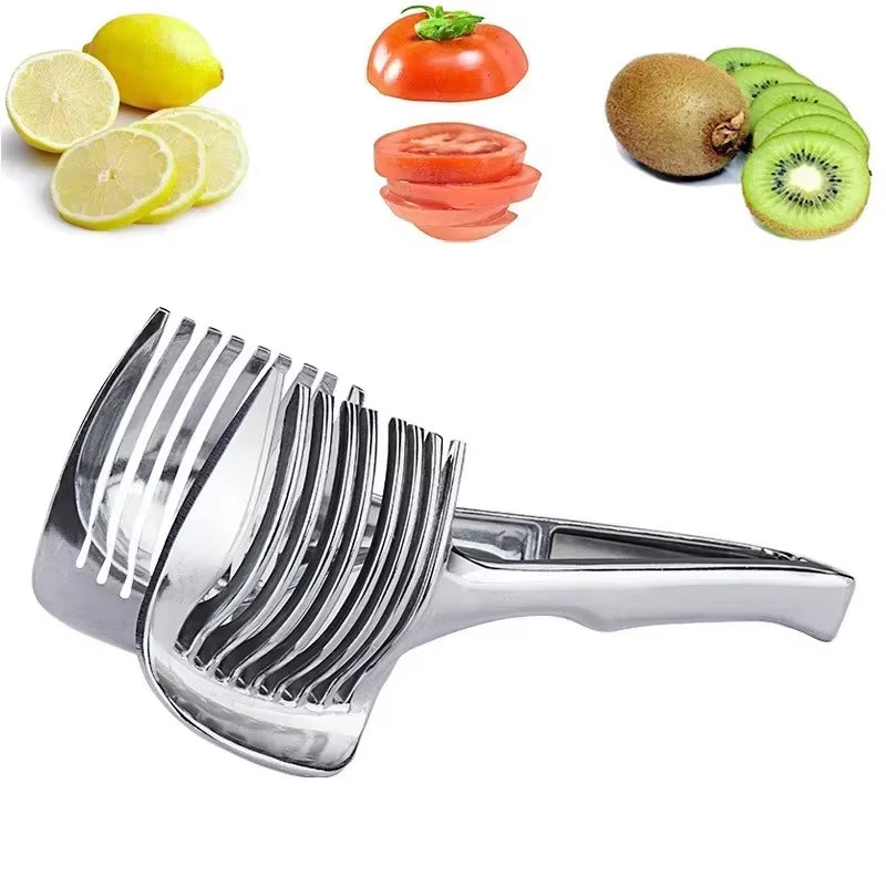 Slice it right! 🍊🍅 The ultimate stainless steel handheld slicer for oranges, lemons, tomatoes, and onions! #KitchenGadgets #FoodieEssentials