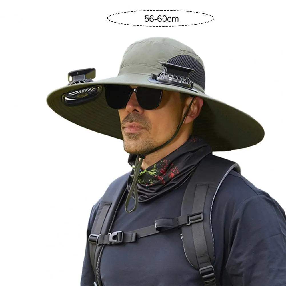 Outdoor Solar Fan Hat – Wide Brim Sun Hat with Dual Power Supply, Built-in USB/Solar Cooling Fans for Fishing, Hiking & Gardening - Hardonia