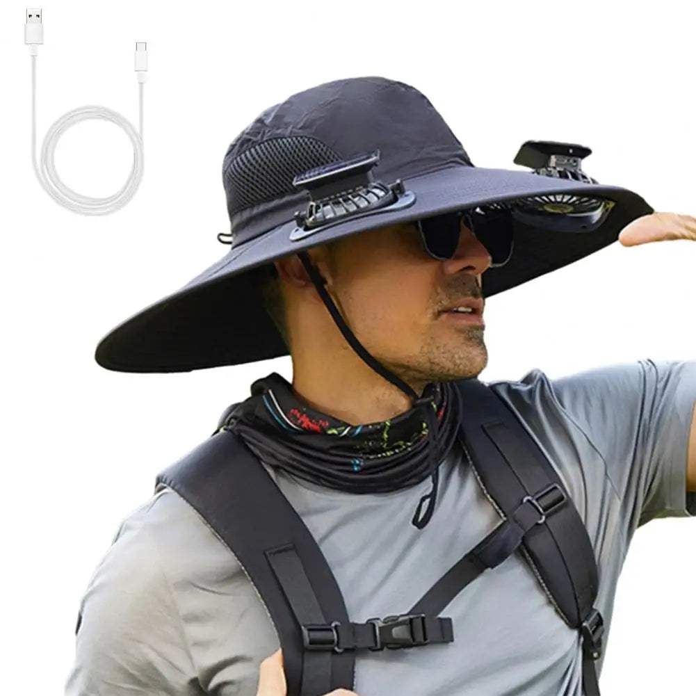 Outdoor Solar Fan Hat – Wide Brim Sun Hat with Dual Power Supply, Built-in USB/Solar Cooling Fans for Fishing, Hiking & Gardening - Hardonia