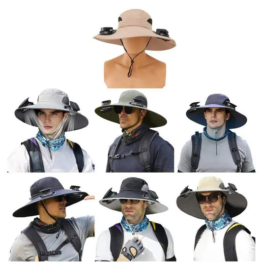 Outdoor Solar Fan Hat – Wide Brim Sun Hat with Dual Power Supply, Built-in USB/Solar Cooling Fans for Fishing, Hiking & Gardening - Hardonia