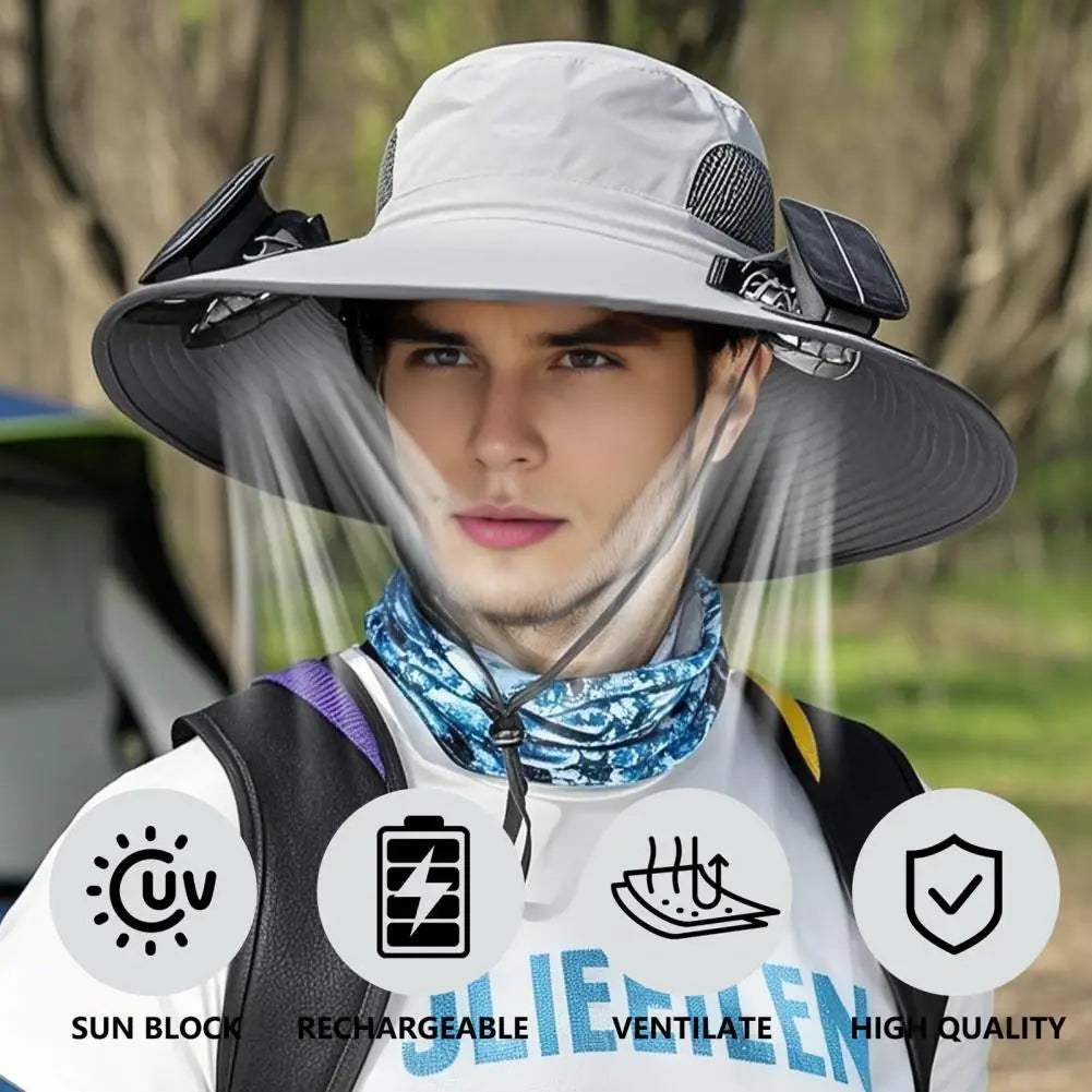 Outdoor Solar Fan Hat – Wide Brim Sun Hat with Dual Power Supply, Built-in USB/Solar Cooling Fans for Fishing, Hiking & Gardening - Hardonia