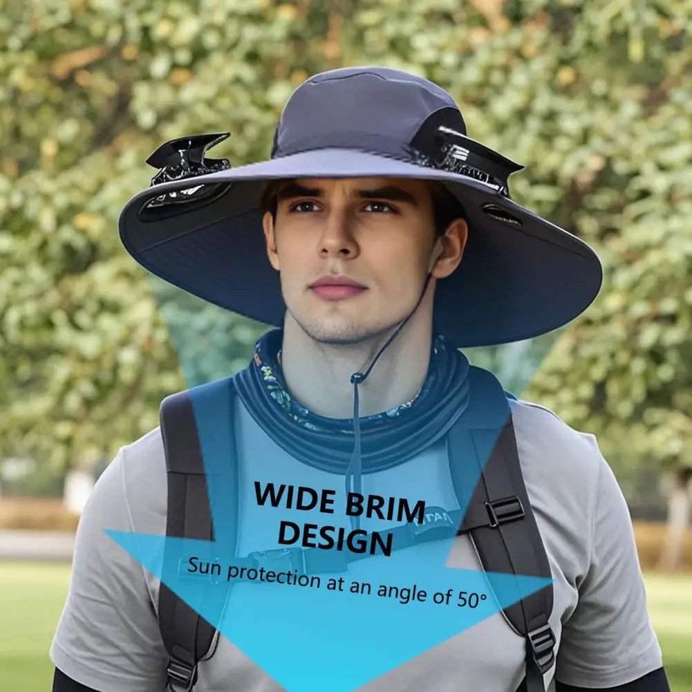 Outdoor Solar Fan Hat – Wide Brim Sun Hat with Dual Power Supply, Built-in USB/Solar Cooling Fans for Fishing, Hiking & Gardening - Hardonia