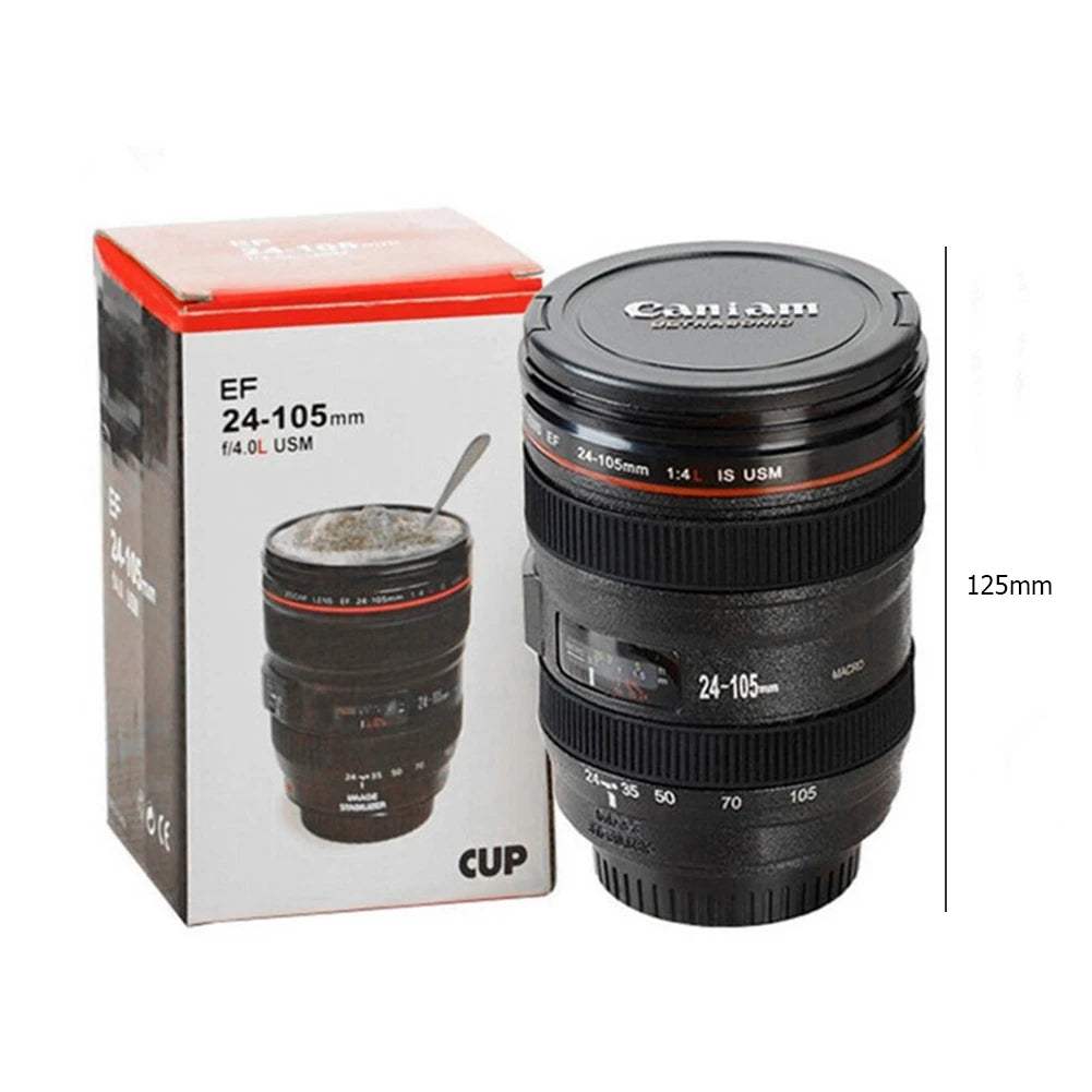 Creative Camera Lens Mug - Stylish Stainless Steel Coffee Cup for Photography Lovers, 400ml Capacity in Black or White - Hardonia