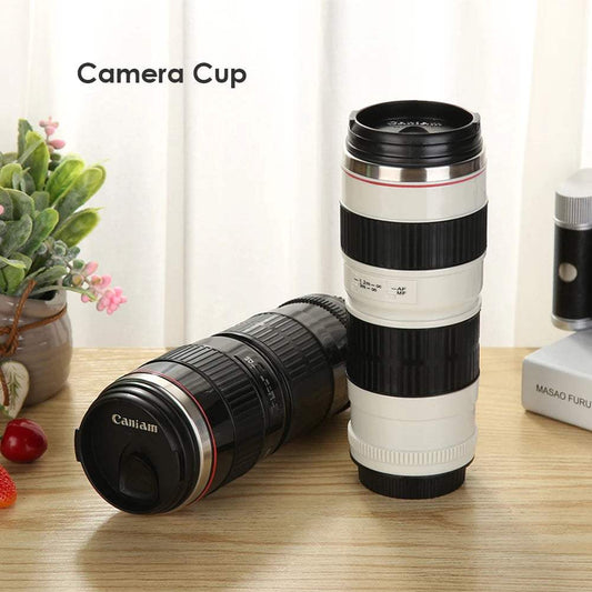 Creative Camera Lens Mug - Stylish Stainless Steel Coffee Cup for Photography Lovers, 400ml Capacity in Black or White - Hardonia