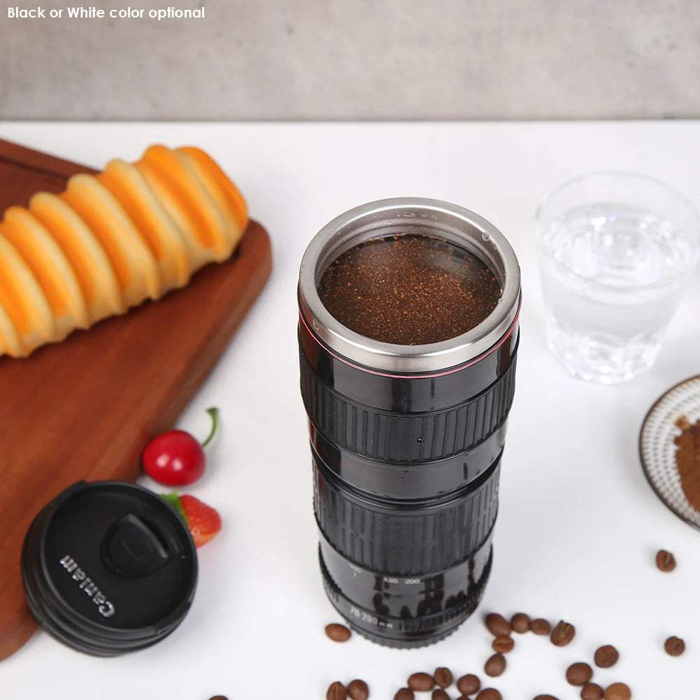 Creative Camera Lens Mug - Stylish Stainless Steel Coffee Cup for Photography Lovers, 400ml Capacity in Black or White - Hardonia