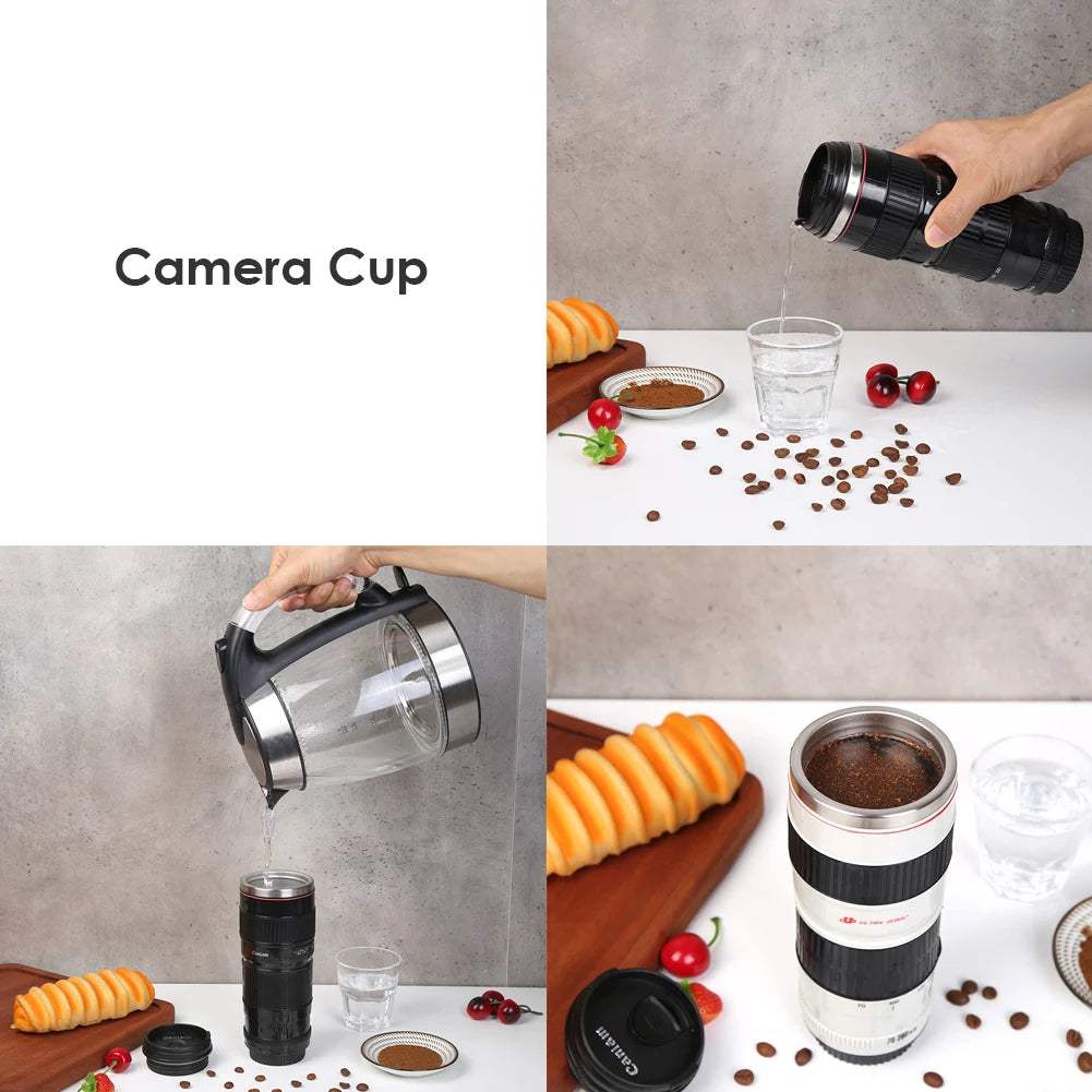 Creative Camera Lens Mug - Stylish Stainless Steel Coffee Cup for Photography Lovers, 400ml Capacity in Black or White - Hardonia