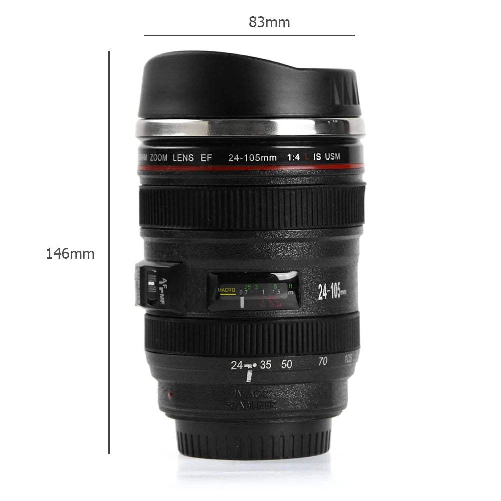 Creative Camera Lens Mug - Stylish Stainless Steel Coffee Cup for Photography Lovers, 400ml Capacity in Black or White - Hardonia