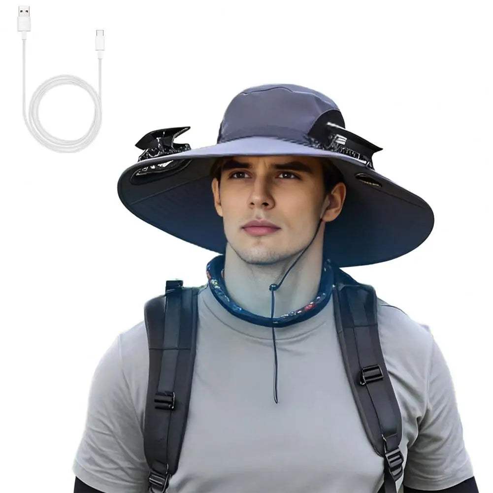 Outdoor Solar Fan Hat – Wide Brim Sun Hat with Dual Power Supply, Built-in USB/Solar Cooling Fans for Fishing, Hiking & Gardening - Hardonia