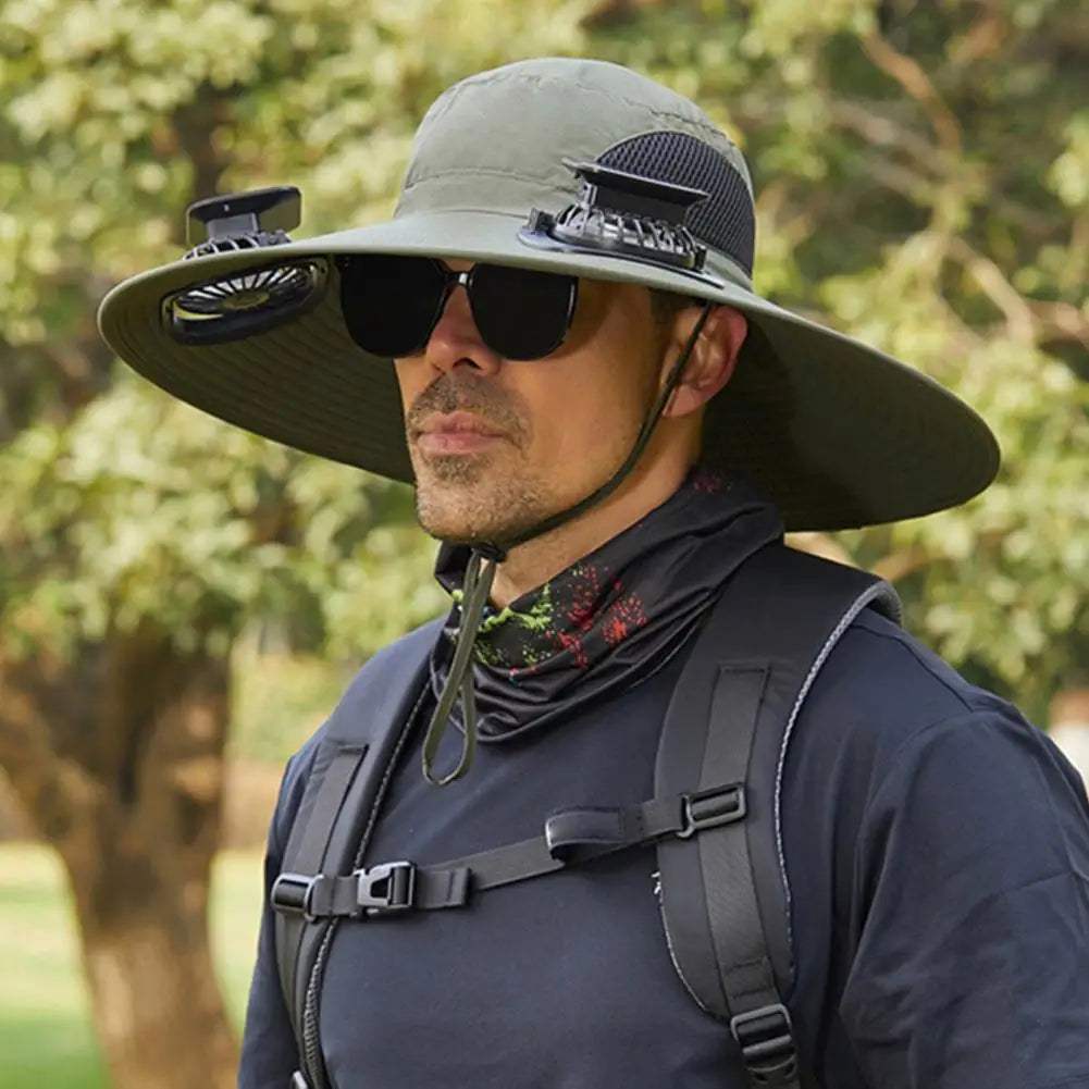 Outdoor Solar Fan Hat – Wide Brim Sun Hat with Dual Power Supply, Built-in USB/Solar Cooling Fans for Fishing, Hiking & Gardening - Hardonia