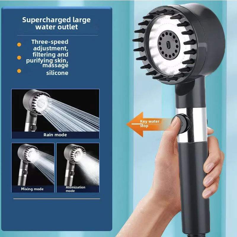 High-Pressure Filter Shower Head with 3 Adjustable Spray Modes and Integrated Massage Brush for a Luxurious Shower Experience - Hardonia