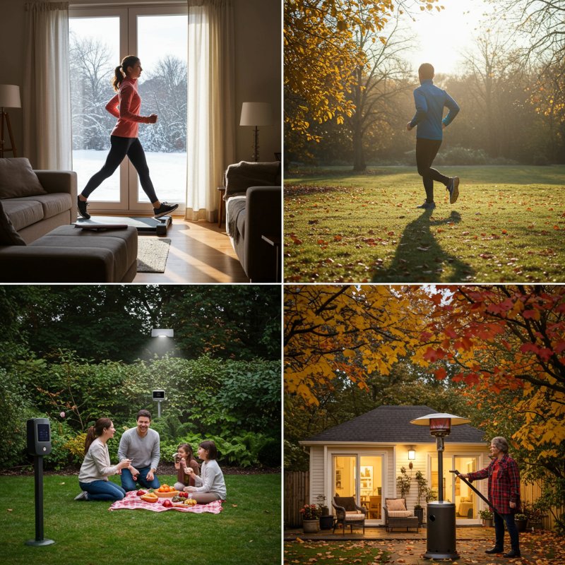 Collage of four scenes: person exercising indoors, running outdoors, family having picnic, and person using outdoor heater.