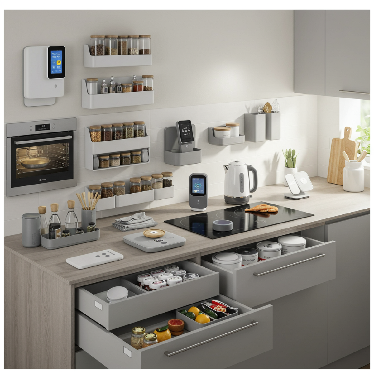 Modern kitchen with gray cabinets, appliances, and utensils.