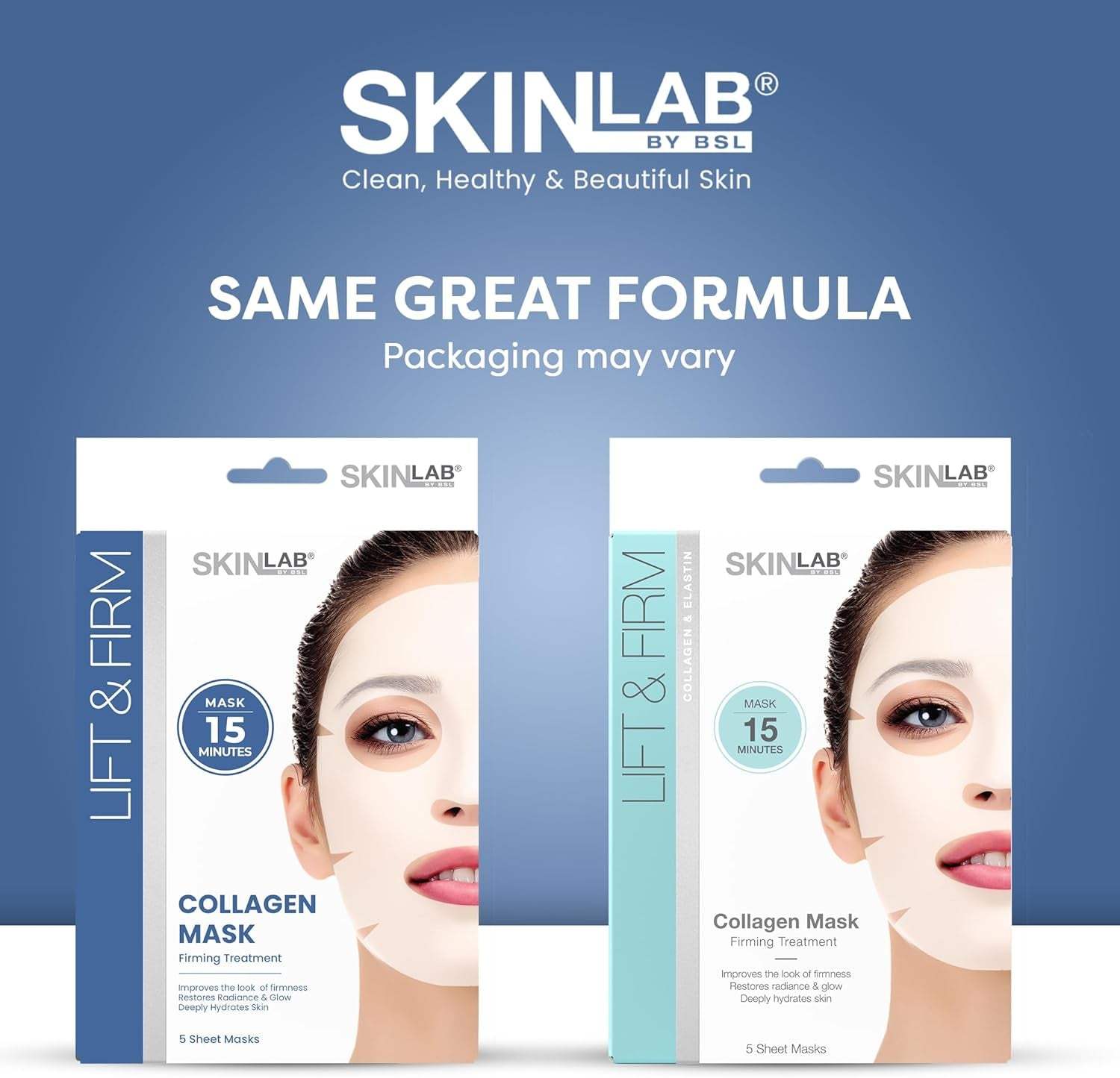 Skinlab collagen mask sheets in Lift and Firm versions for healthy skin treatment in 15 minutes
