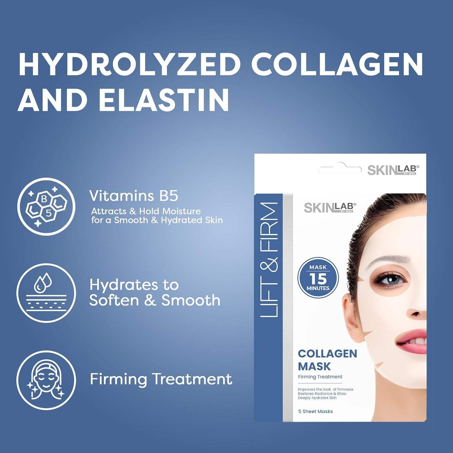 Skinlab collagen mask sheets with hydrolyzed collagen and elastin for firming and hydrating skin