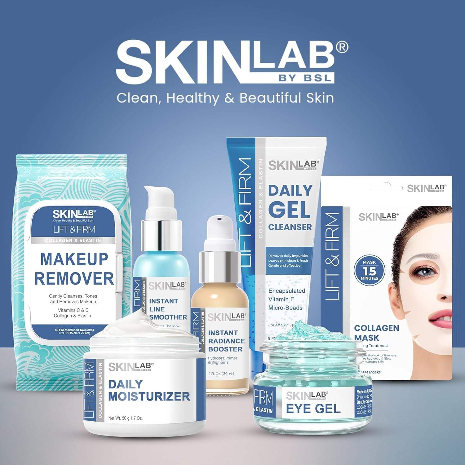 Skinlab collagen mask sheets with various skincare products from Hardonia for a complete skincare routine