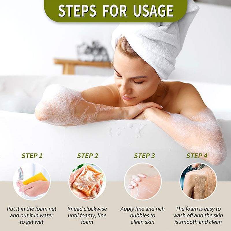 Instructions for using Hardonia turmeric soap for glowing skin with foaming steps in a relaxing bath setting