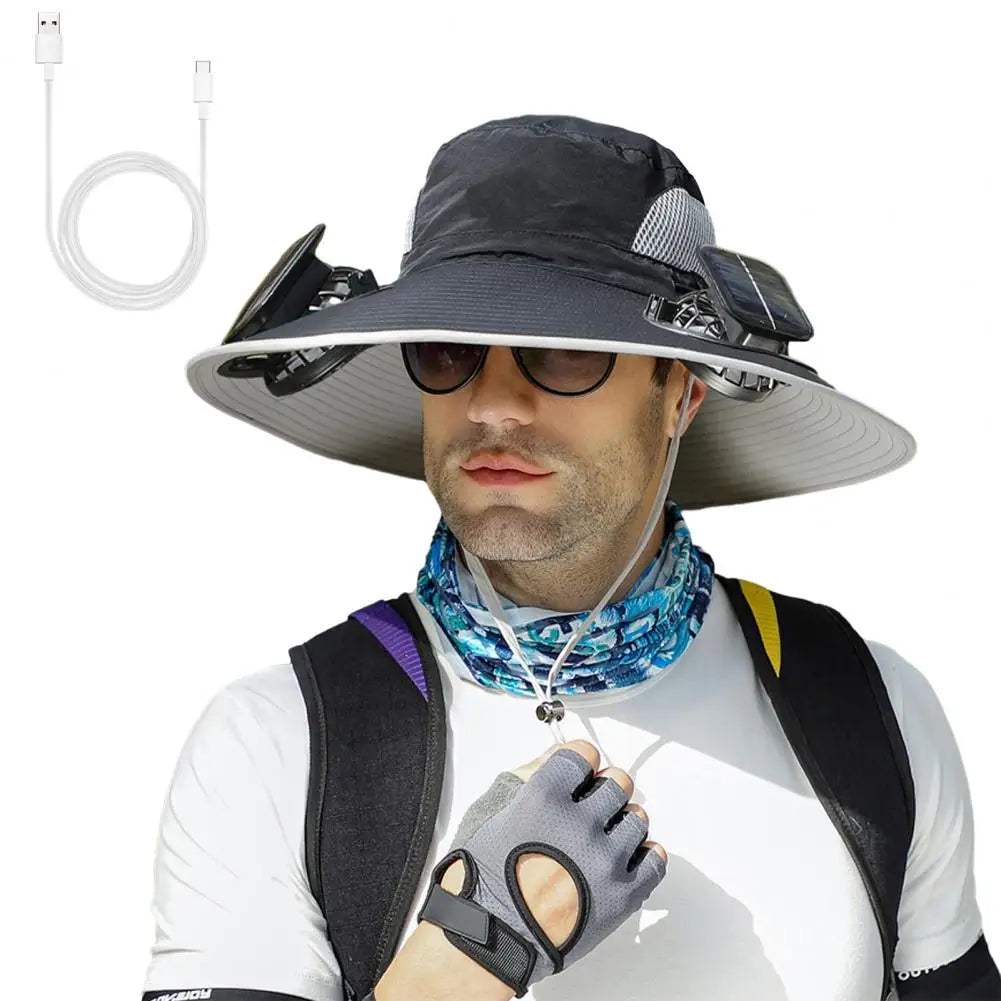 Outdoor Solar Fan Hat – Wide Brim Sun Hat with Dual Power Supply, Built-in USB/Solar Cooling Fans for Fishing, Hiking & Gardening - Hardonia
