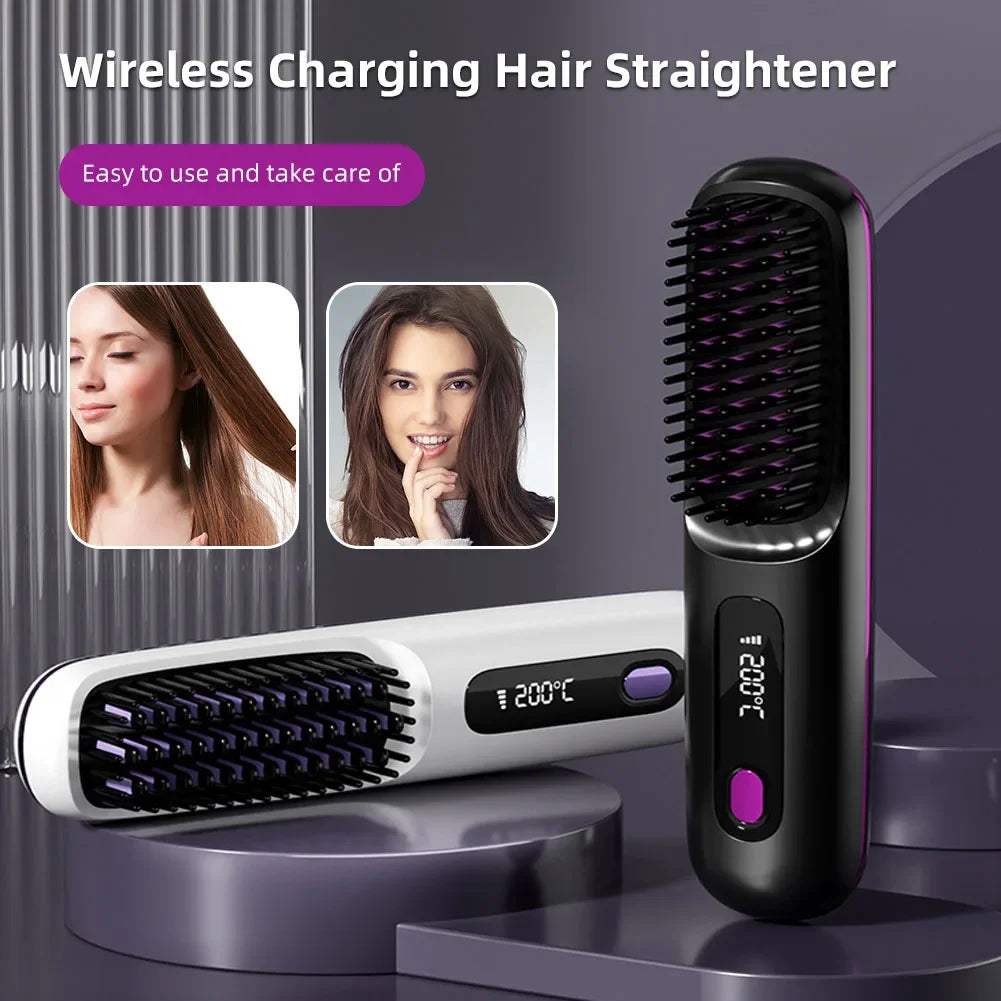 Wireless Hair Straightener Brush – 3D Anti-Scald Ionic Comb, Rapid Heating, USB Rechargeable Portable Styling Tool - Hardonia