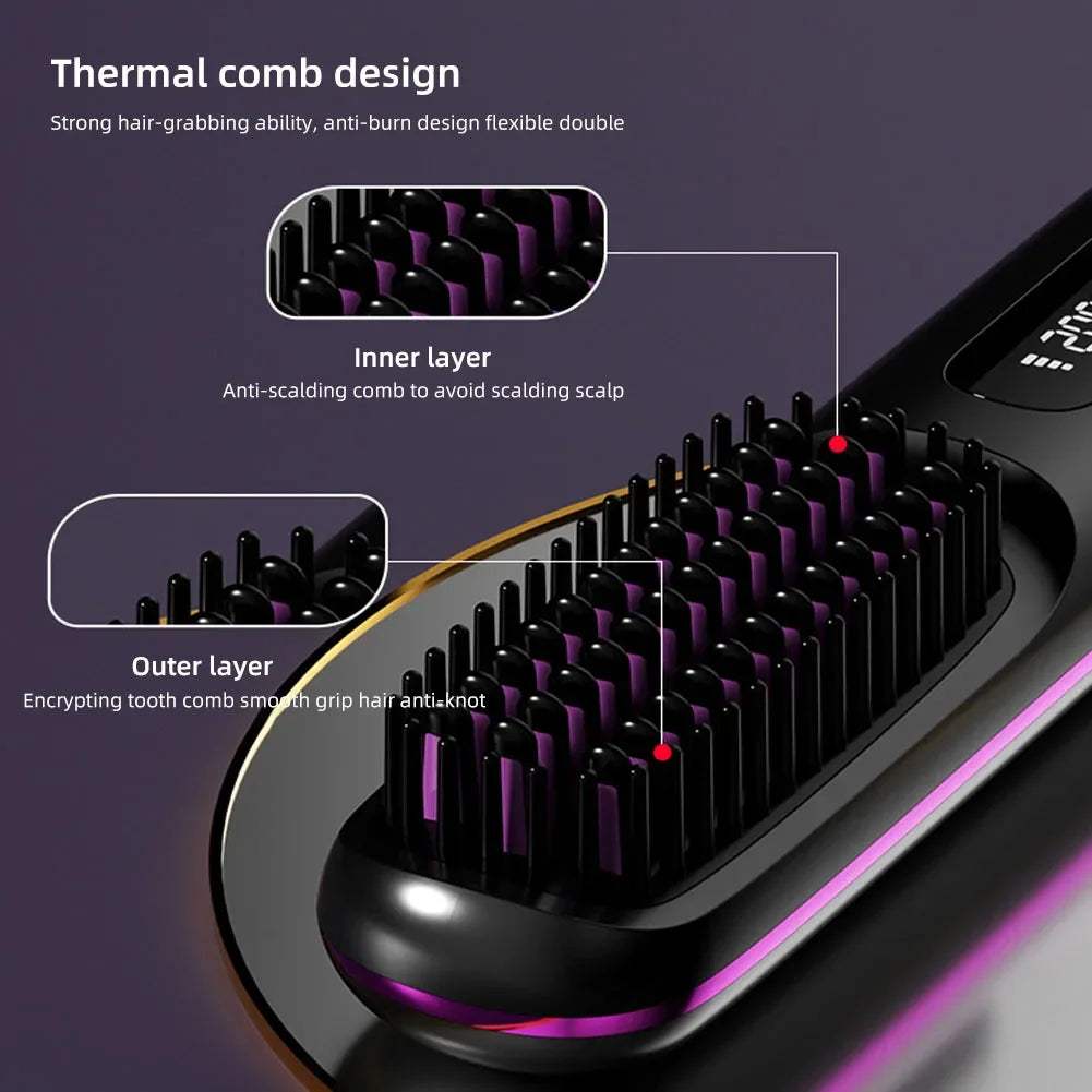 Wireless Hair Straightener Brush – 3D Anti-Scald Ionic Comb, Rapid Heating, USB Rechargeable Portable Styling Tool - Hardonia